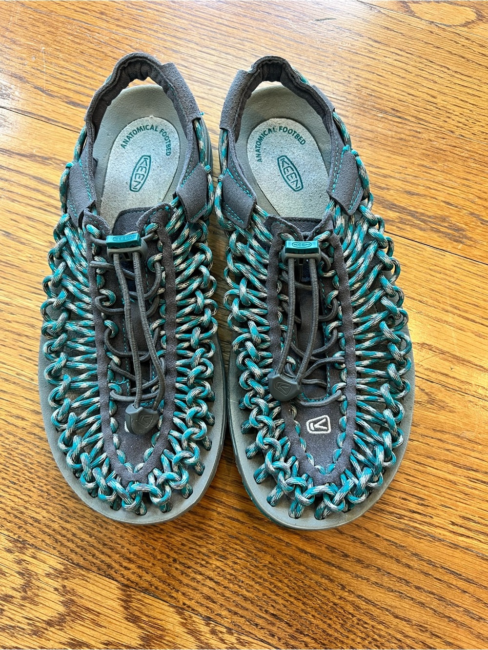 Keen Uneek Braided Slip-On Sandals in Teal & Gray